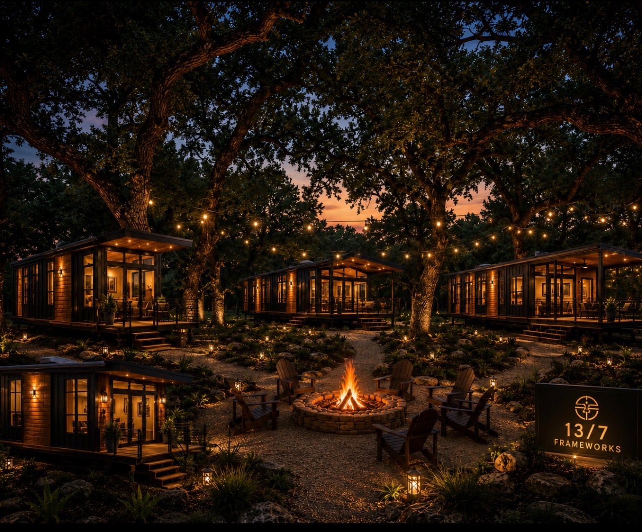 13|7 Outdoor Resorts · cabin village at night